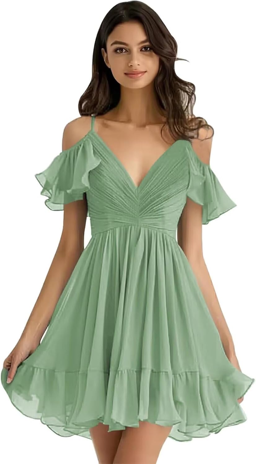Spaghetti Chiffon Short Homecoming Dress for Teens, Off Shoulder Puffy Sleeves Gowns Cocktail Party Dresses for Women