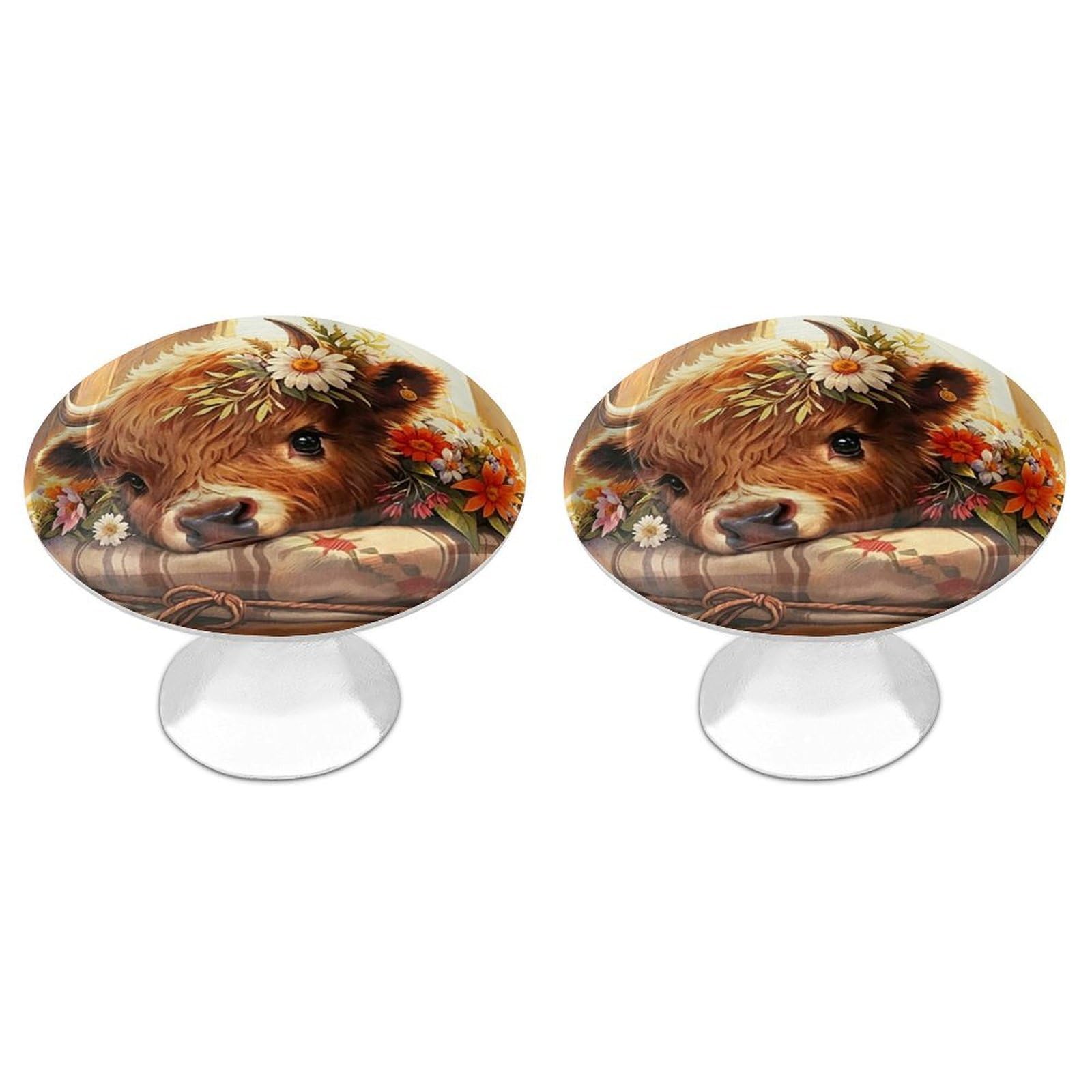 Btcowzrv Style Highland Cow With Flowers 2 Pack Cabinet Knobs Drawer Pulls