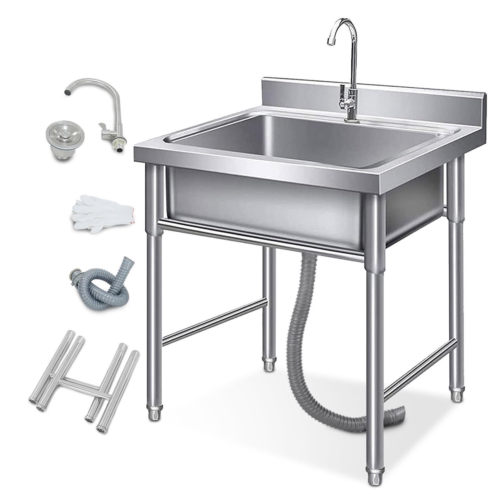 YADZISW Single Bowl Stainless Steel Commercial Kitchen Sink with Faucet, Free Standing Utility for Garage, Restaurant, Kitchen, Laundry Room Outdoor