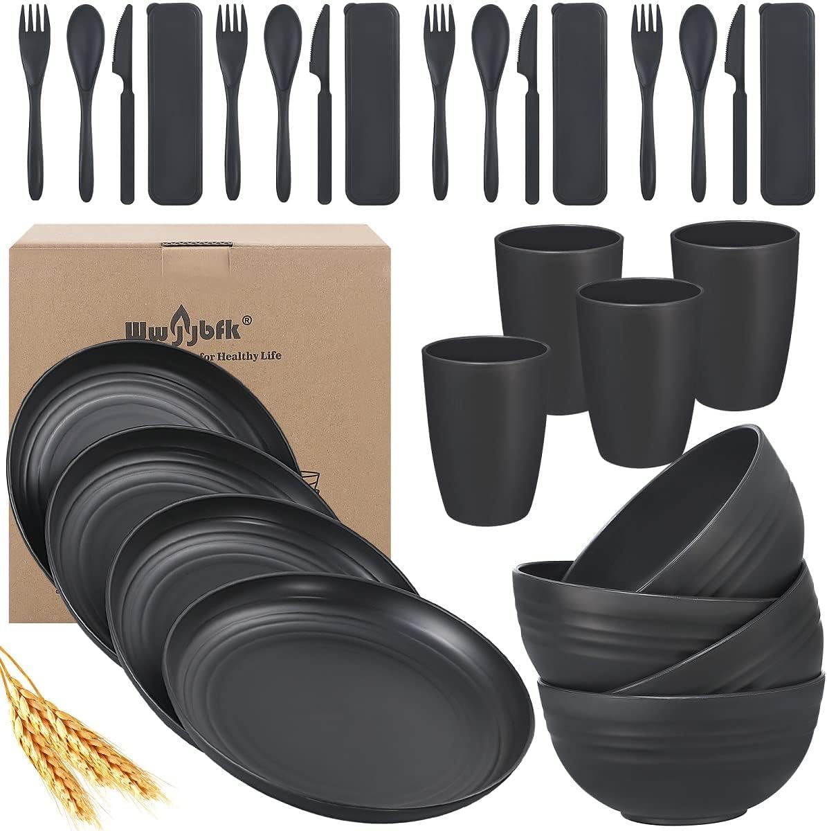 Wheat Straw Dinnerware Sets, Wheat Straw Plates and Bowls Sets for 4 Kitchen Dishes 28pcs College Dorm Room Essentials Cutlery Set Microwave Safe (Black)