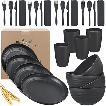 Wheat Straw Dinnerware Sets, Wheat Straw Plates and Bowls Sets for 4 Kitchen Dishes 28pcs College Dorm Room Essentials Cutlery Set Microwave Safe Black