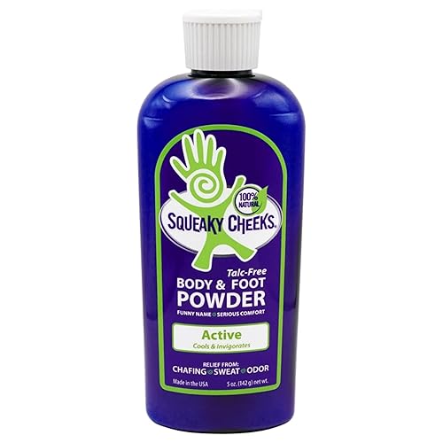 Squeaky Cheeks Polvo para pies y cuerpo (5 onzas)- Todo natural y sin talco, alivio eficaz de rozaduras, pies sudorosos y olor. Previene ampollas,