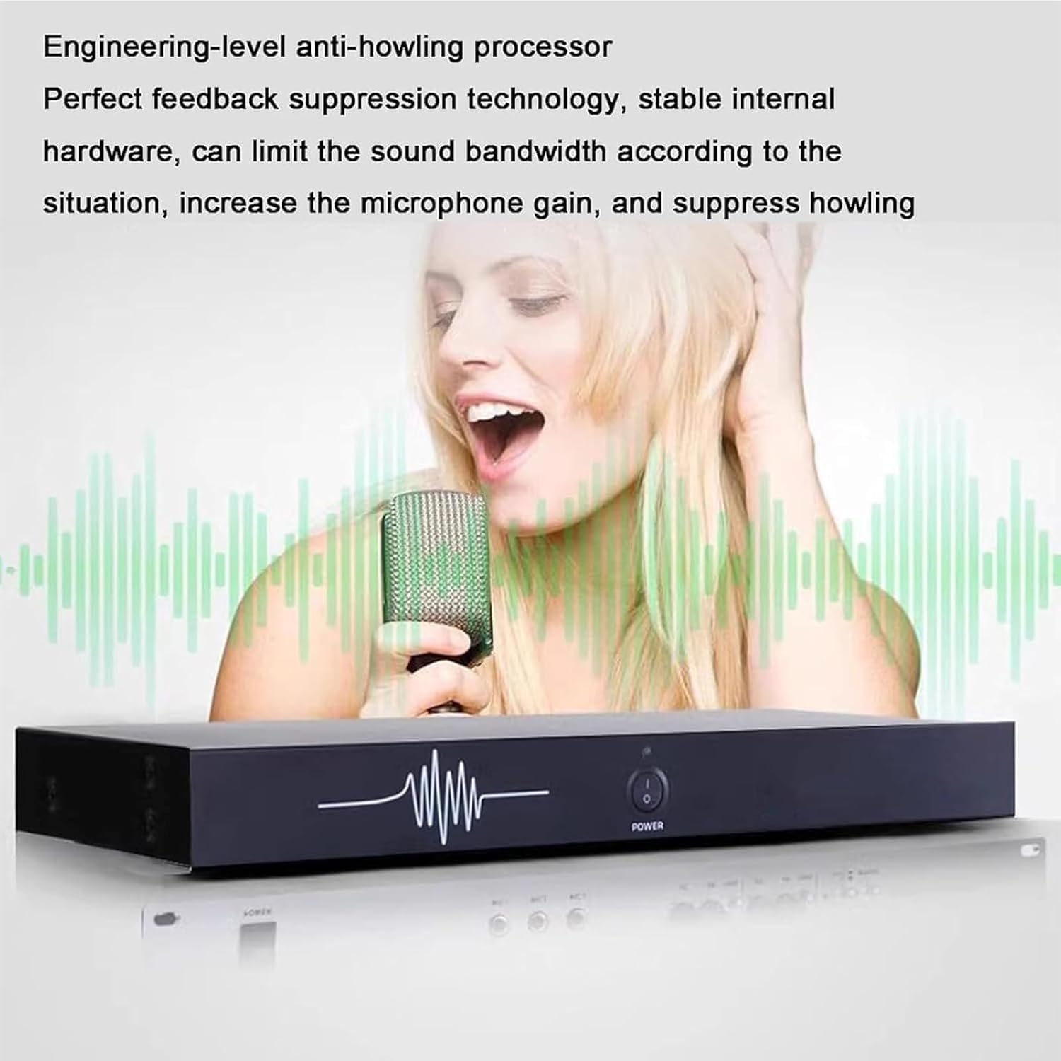 Generisch Cyfrowy procesor audio z 2 wejściami i 2 wyjściami, wzmocnienie akustyczne 5-14 dB, aktywacja za pomocą jednego przycisku, do występów scenicznych i konferencji