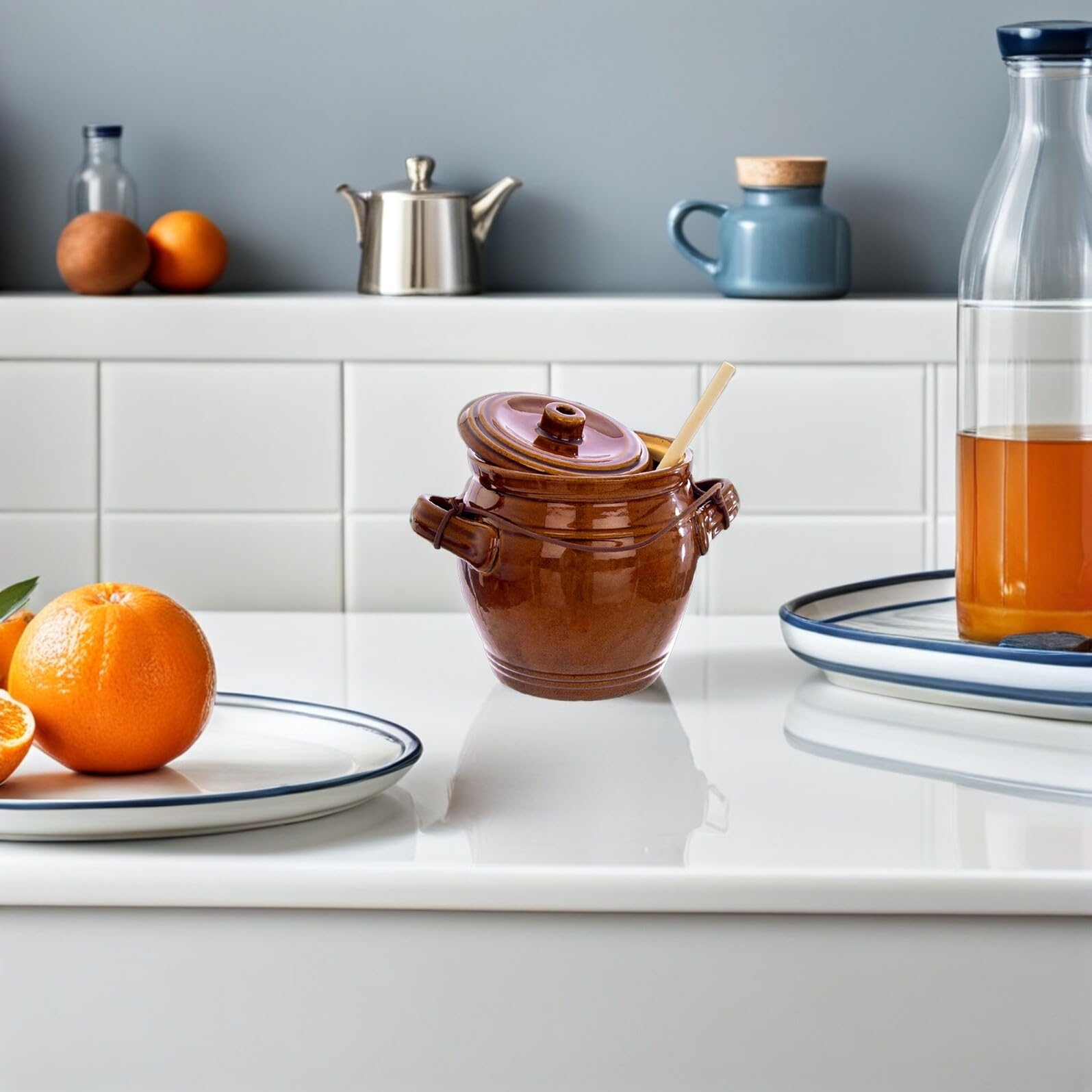 DOITOOL Barattolo Sigillato in Ceramica da 1,3l per Sottaceti Chiusura Ermetica, Vaso la Conservazione Domestica Alimentare in Ceramica e Legno, Contenitore Auto-sigillante per Cucina