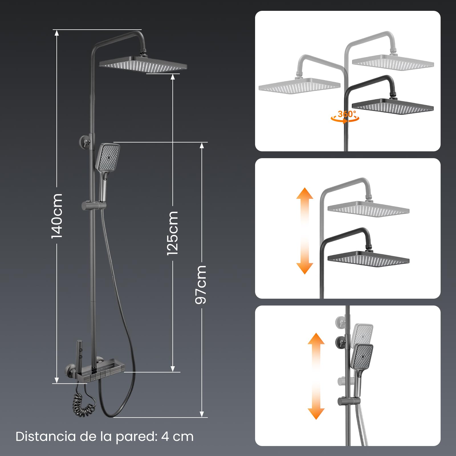 Columna de Ducha Termostática LED Negro Mate Cabezal Lluvia 20x30 cm Alcachofa 3 Modos Pistola Spray 2 Funciones Altura Regulable Giro 360°