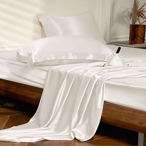 THXSILK 4pcs Silk Bed Sheets Set, 100% Long Stranded 25 Momme Mulberry Silk Bedding Set, Sheets and Pillowcase Set, Extremely Soft and Luxurious (White, Queen)