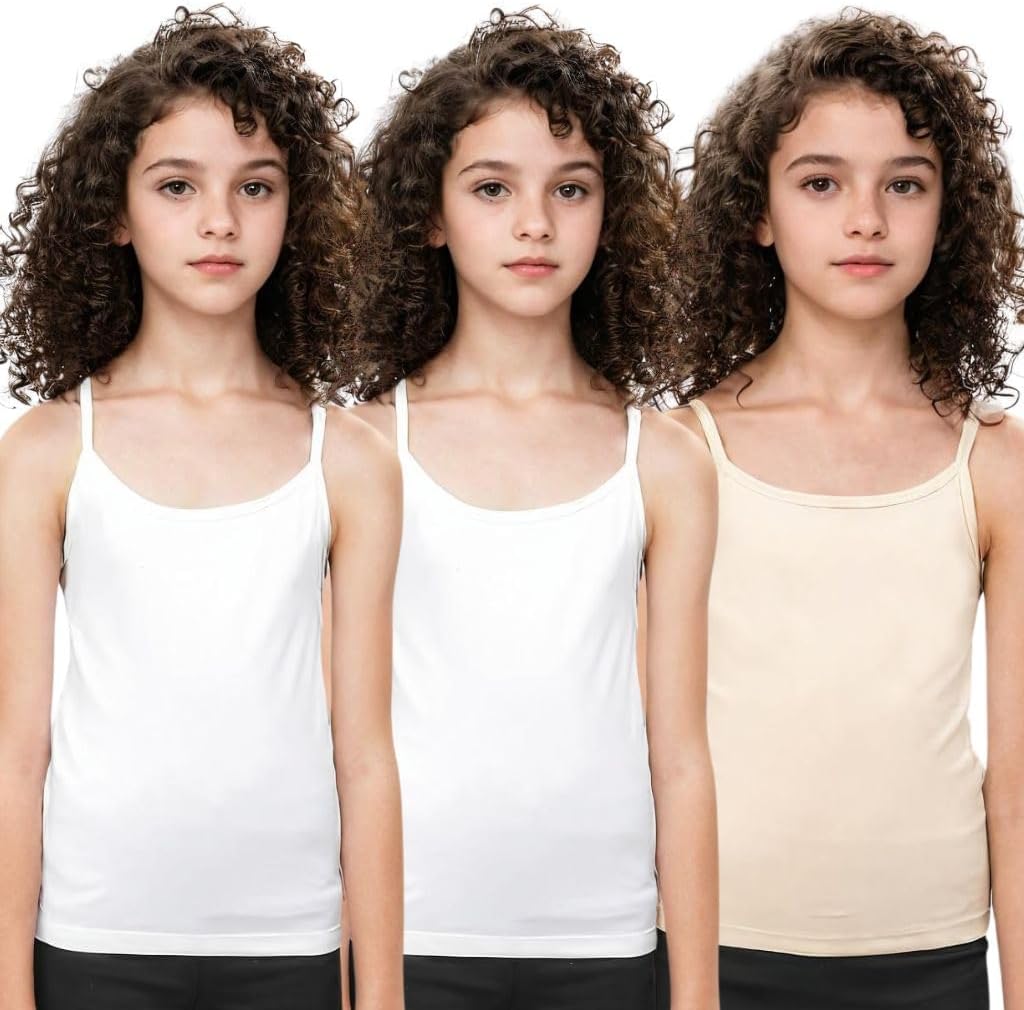 Adira | Teen Camisole Flat Padded | Beginners Cami for Puberty | Flat Padding for Nipple Coversage | Confidence for School & Home | Stretchy Cotton | Girls Slip | Pack of 3 | White & Skin | L