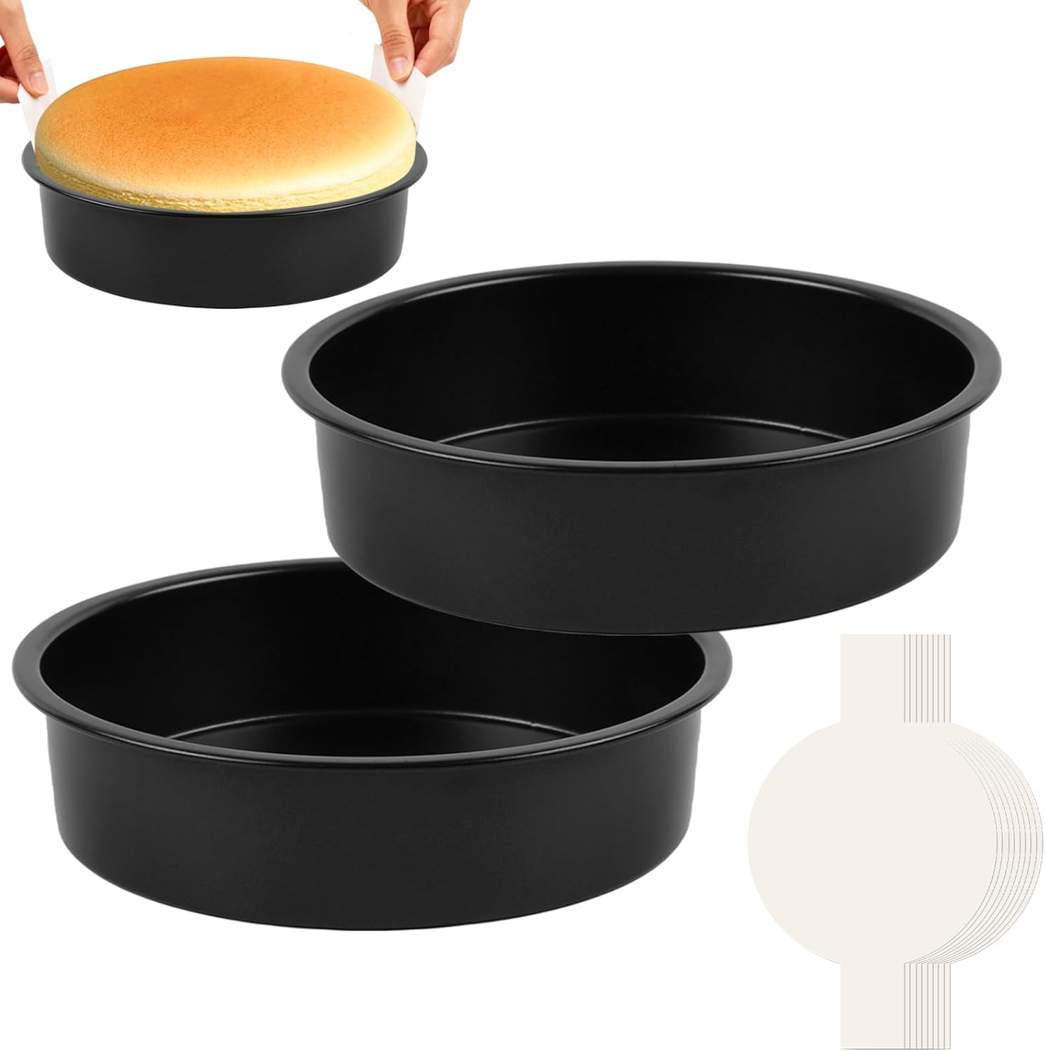 8" Round Cake Pan, 3PCS Nonstick Cake Pans with 100 PCS Parchment Paper, Carbon Steel Cake Baking Pans with Handle, Dishwasher Safe