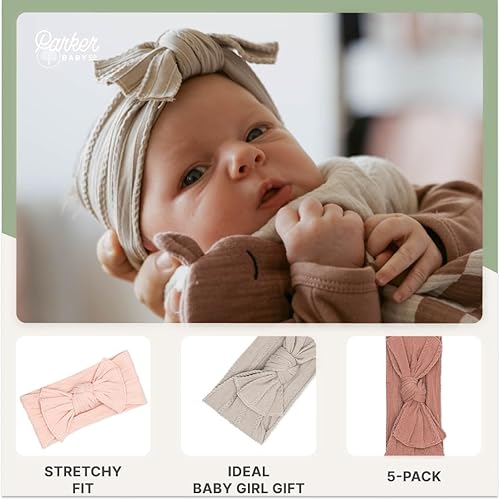 Miniatura 4 de Parker - Diademas de nailon de punto trenzado para bebé, paquete de 5 unidades, lazos suaves, elásticos y cómodos para niñas, ajustables, suaves al