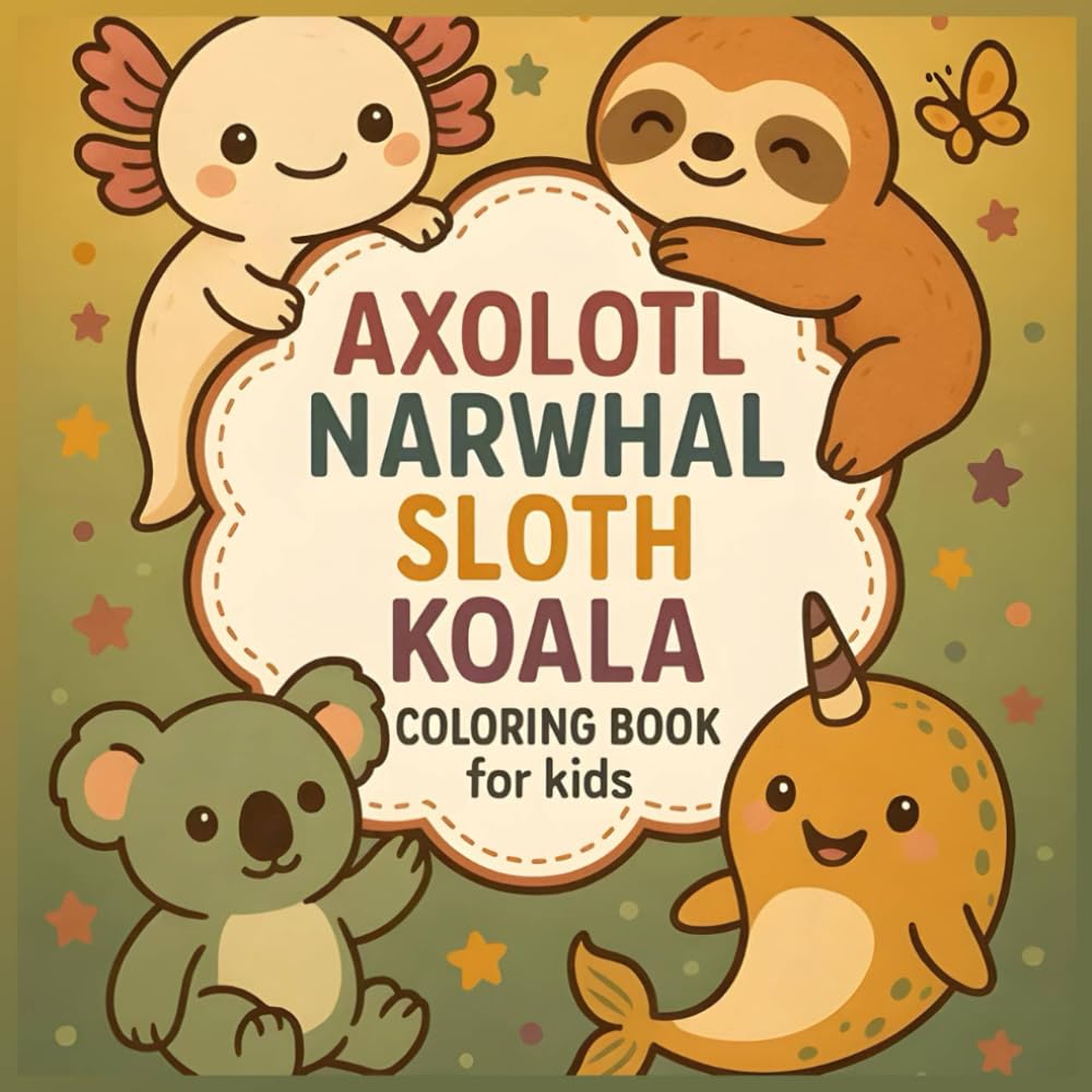 Axolotl, Narwhal, Sloth & Koala: Adorable Animal Coloring Book for Kids
