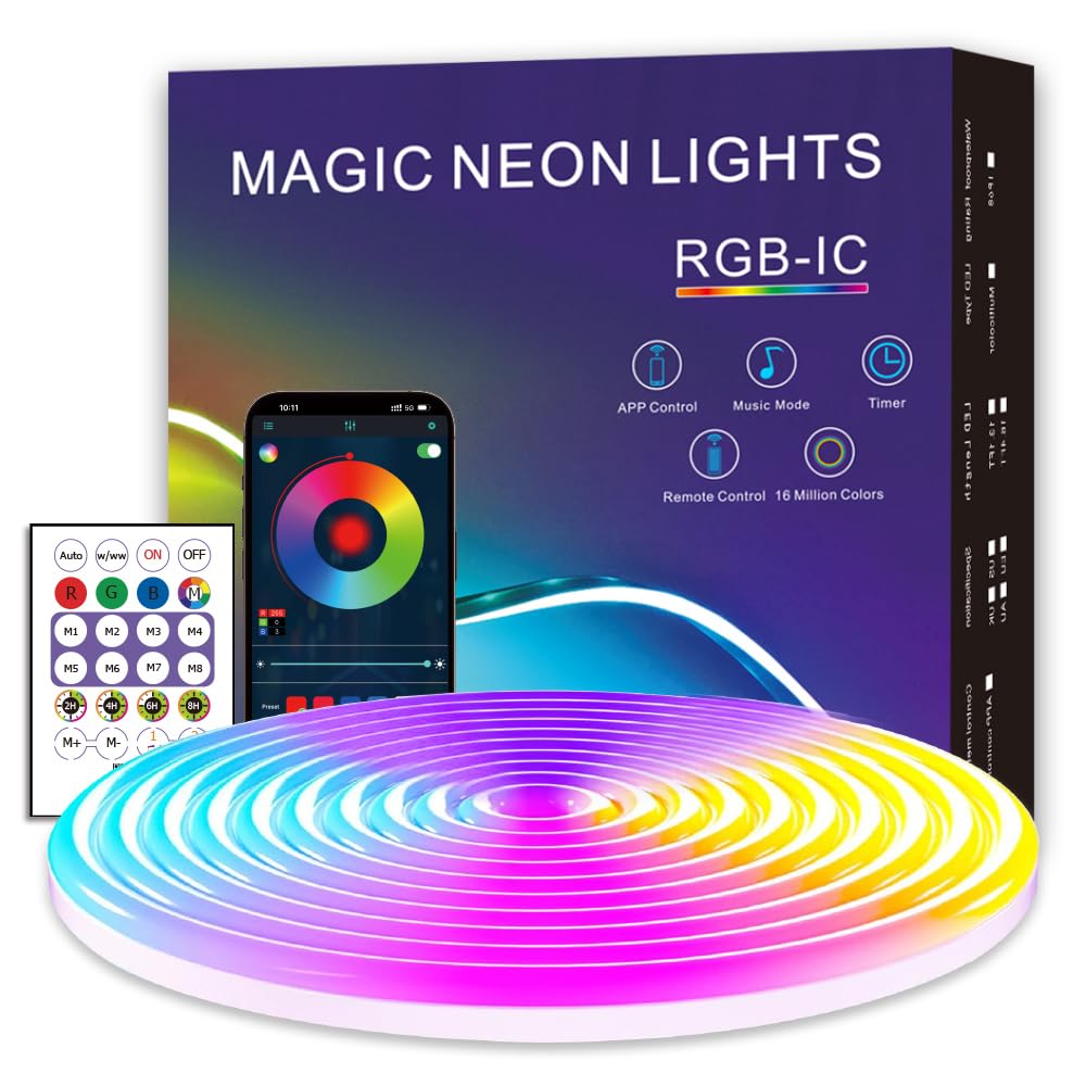 LED Neon Rope Lights, 3M RGB Plus IC Strip Lights, IP68 Waterproof Flexible Rope Light with APP&Remote Control, Dimmable Neon Strip for Gaming Room Living Room Bedroom Indoor Outdoor Decor