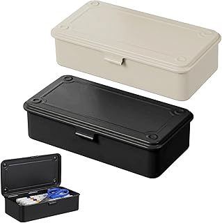Steel Storage Box with Hinged Lid Metal Container for Scrapbook Stamps Rectangular Empty Hinged Tool Box Storage Organizer for Peg Pen Pin Stationary Office Supplies White Black (8 X 4 X 2 Inch)