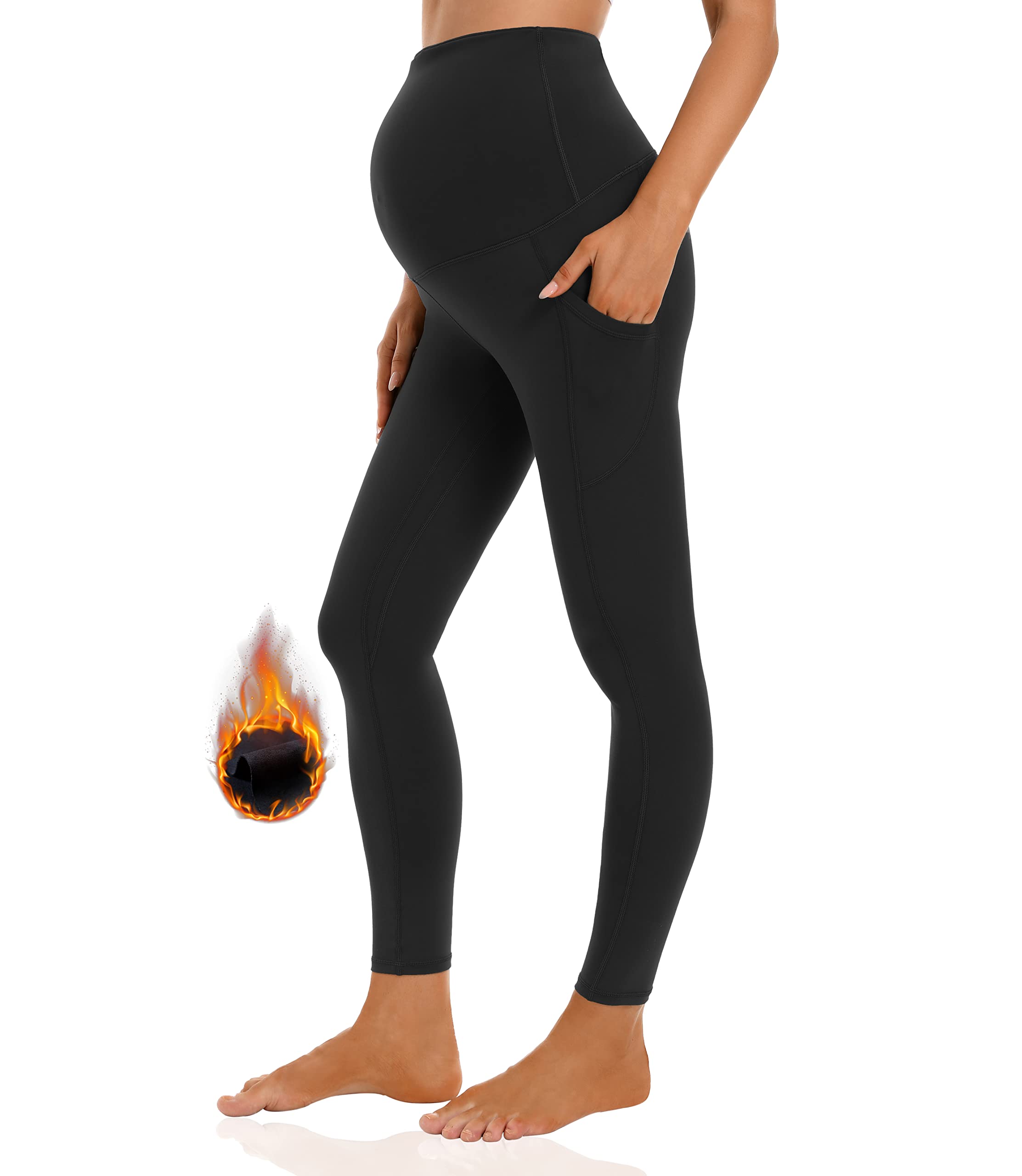 Foucome Legging de maternité doublé en polaire avec poches sur le ventre pour femme - Pantalon de yoga chaud pour l'hiver