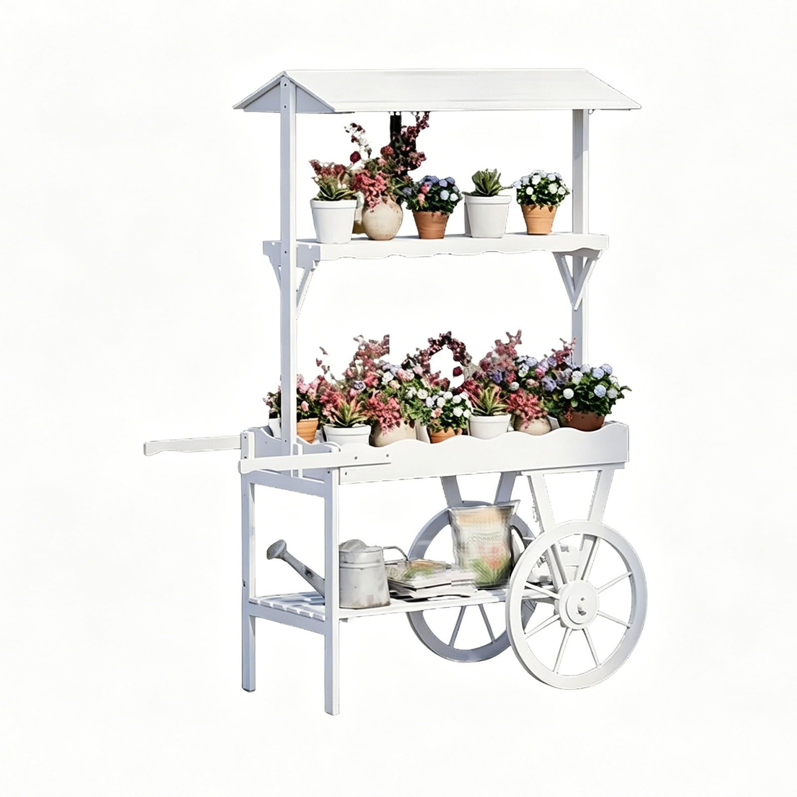 Questo Carrello portafiori con Ruote, Carrello per Dolci da Matrimonio in Legno, Stabile e portante, Carrello da Mercato di Campagna per Negozi di Fiori, Cortili, Giardini, Centri Commercial