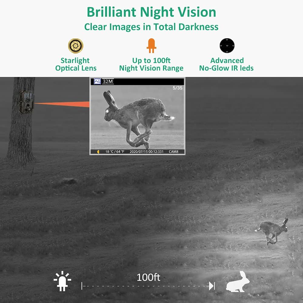 GardePro E8 WiFi Trail Camera (Non-Cellular), 64MP Photos, 1296P HD Videos, 120° Detection Angle with 0.1s Triple-PIR Motion Detection up to 100 ft, No-Glow Night Vision