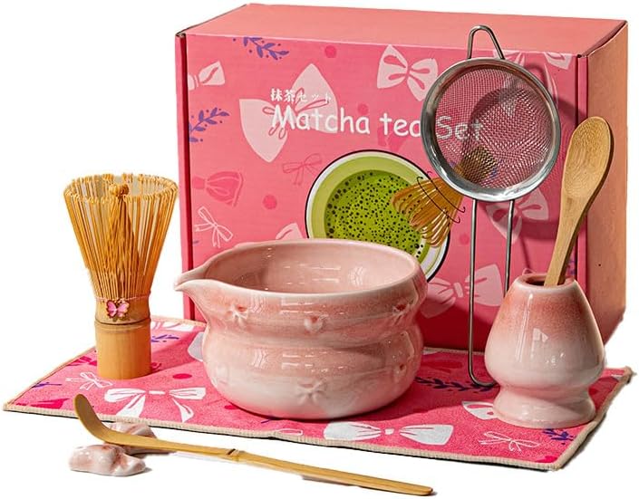 Japanese Matcha Tea Set, Pink Ceramic, 7-Piece Complete Kit with Bamboo Whisk, Spouted Bowl, Strainer, Spoons, Holder and Mat