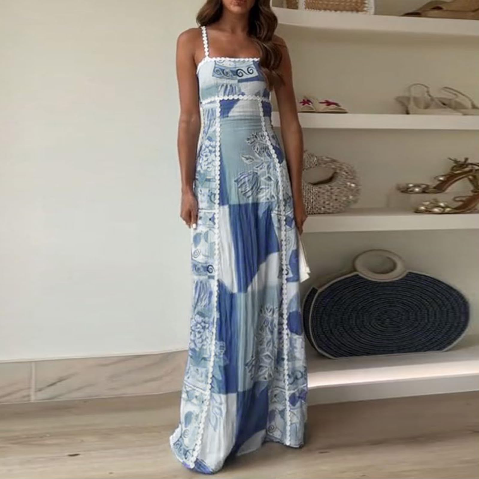 Acrawnni Women’s Y2K Spaghetti Strap Long Dress Summer Casual Boho Sleeveless Striped Maxi Dress Ladies Flowy Beach Dresss (D-Blue, M) - Image 2