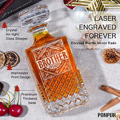 Image of PONPUR Gifts for Brother, Whiskey Decanter Set with 2 Whisky Glasses, Unique Cool Father's Day Birthday Gift for Brothers Adult from Sister, Best Presents for Men