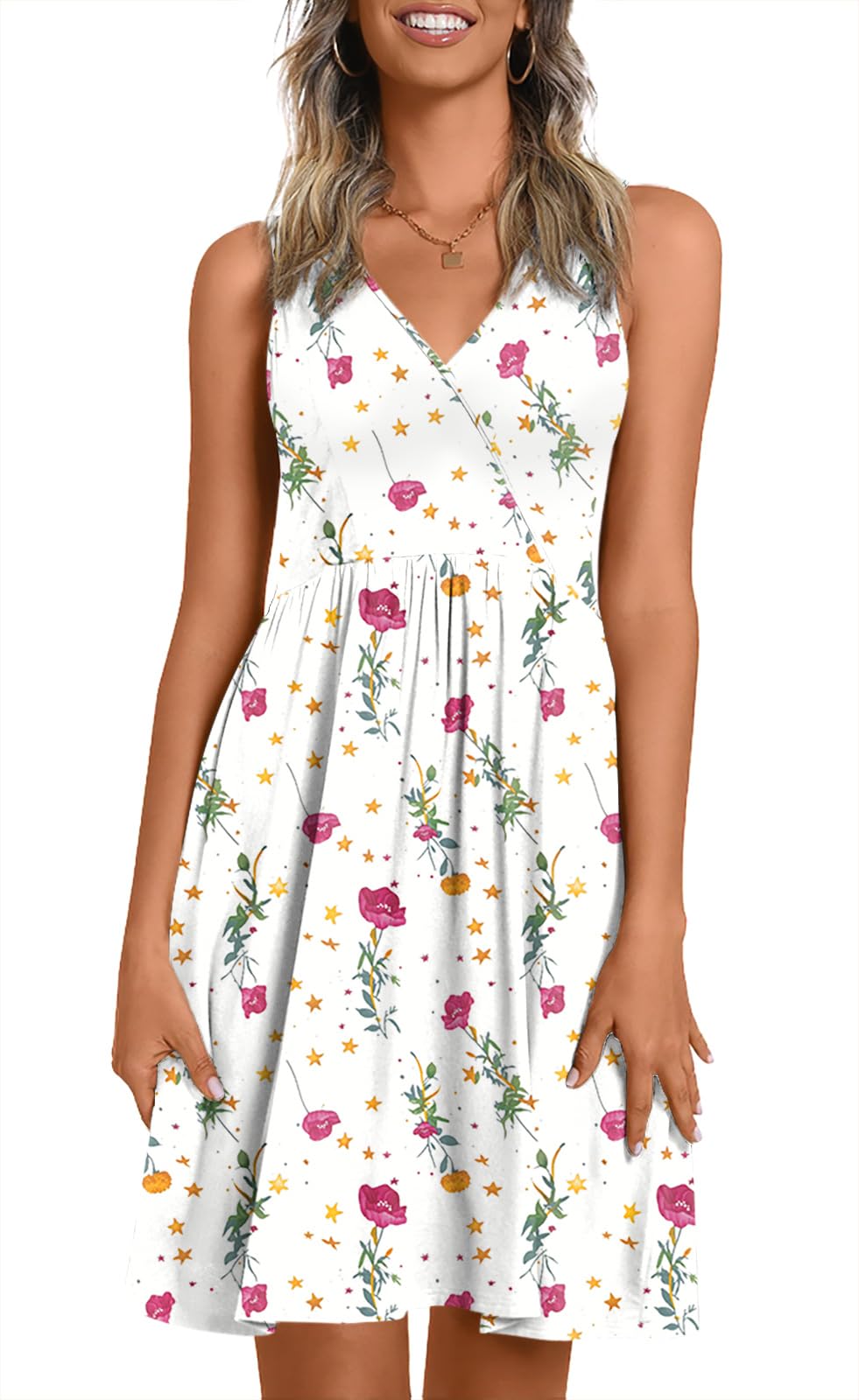 CATHY Women V Neck Sleeveless Dresses with Pockets Summer Sundress S-2XL