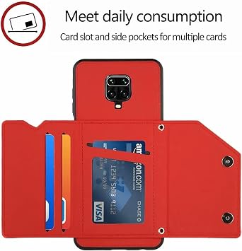 ケース Compatible with Xiaomi Redmi Note 9S カードホルダーとリストストラップ付きレザーウォレットケースPUフリップフォリオキックスタンド保護電話ケース Red