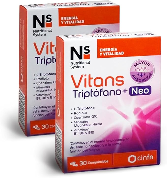 Ns Vitans Triptófano + Neo Pack x2. 60 Comprimidos en total. Vitamina con Rhodiola Magnesio Hierro Vitaminas B1 B6 B12 Mejora el Estado de Ánimo