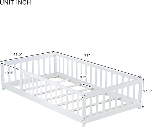 Miniatura 89 de Harper & Bright Designs Cama de suelo tamaño Queen con valla y puerta, marco de cama Montessori de madera para niños, niñas, listones incluidos, no