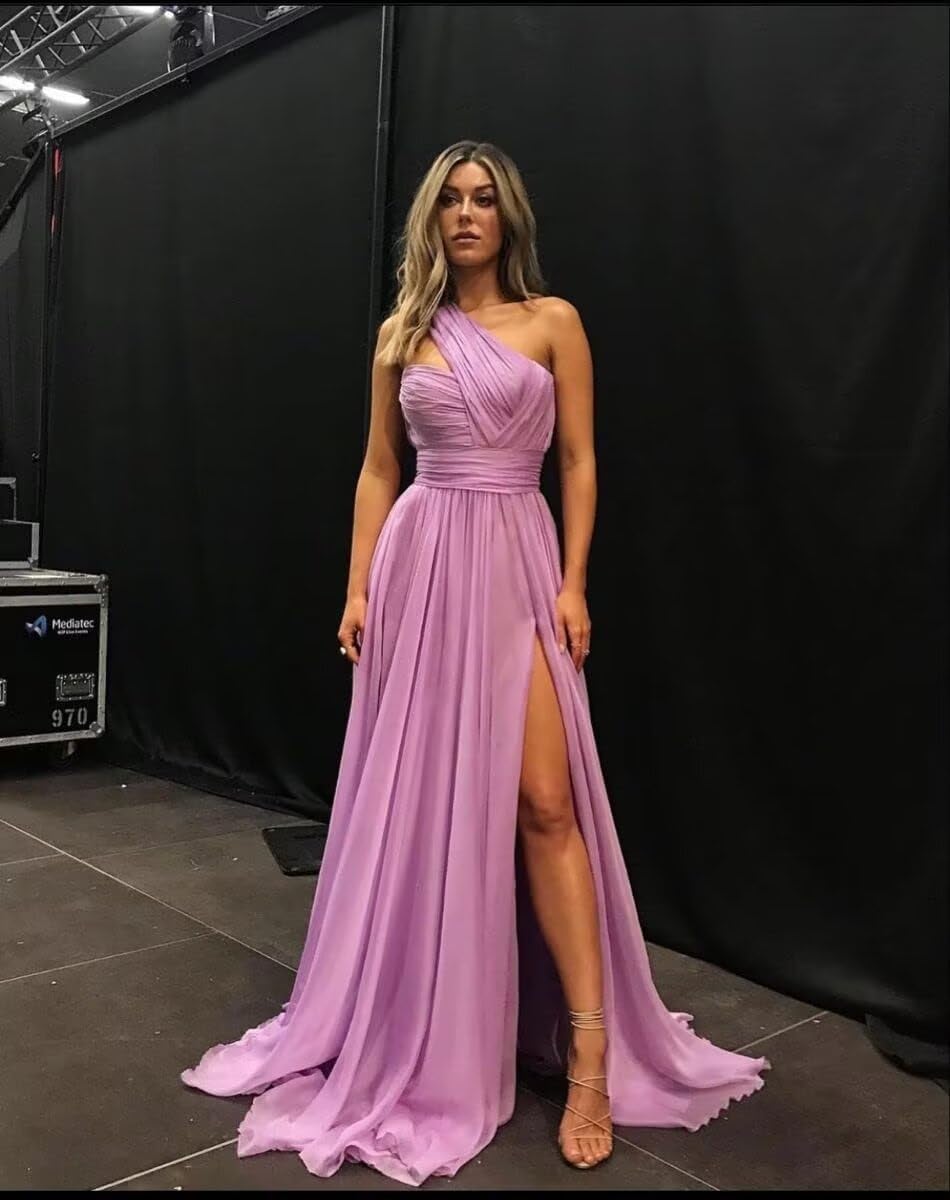 Cudiew One Shoulder Bridesmaid Dresses for Wedding with Slit Pleated Chiffon Formal Evening Gowns