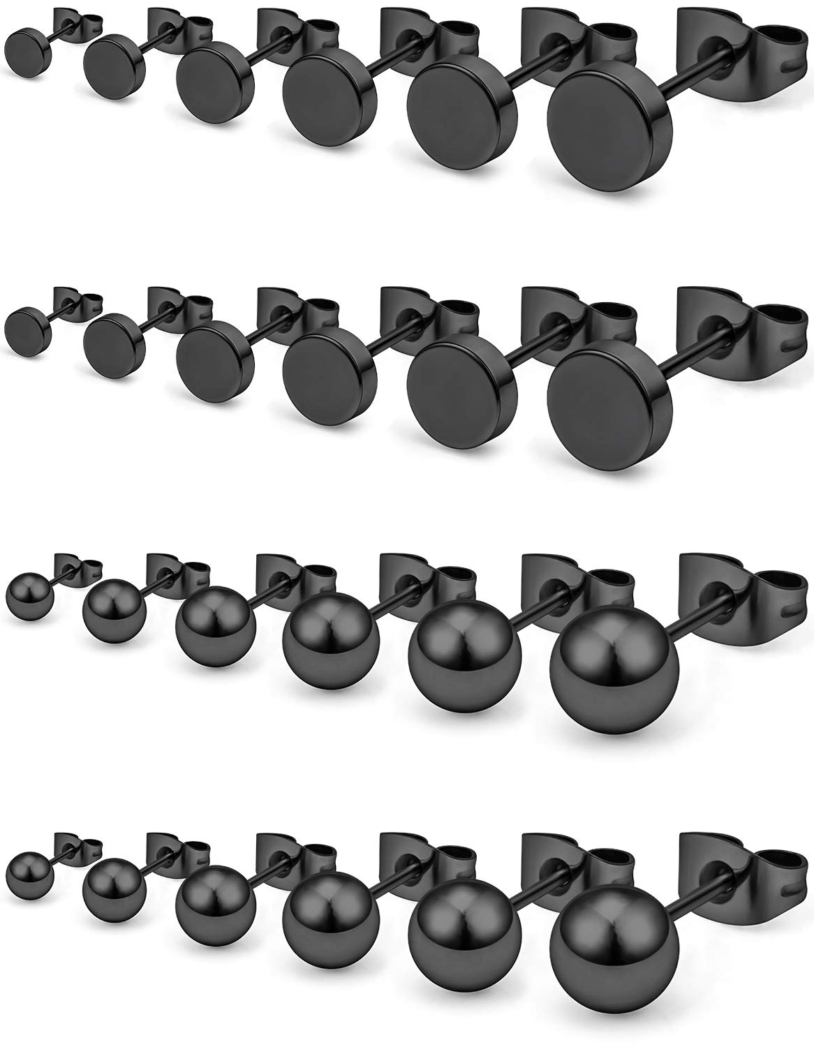 PrjndjwPrjndjw Black Stud Earrings Mix Sizes 3-8mm12 Pairs 20G Surgical Steel Cubic Zirconia Round Ball Set for Women Men Helix Tragus Lobe Stud Ear rings