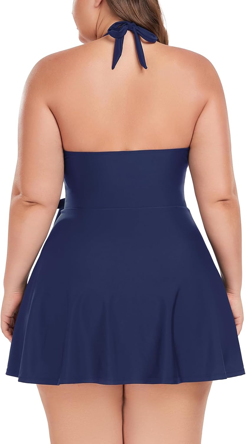 Ocean Blues Women's Plus Size V-Neck One Piece Swimdress Halter Wrap Swimsuit Tummy Control One Piece Skirt Bathing Suit