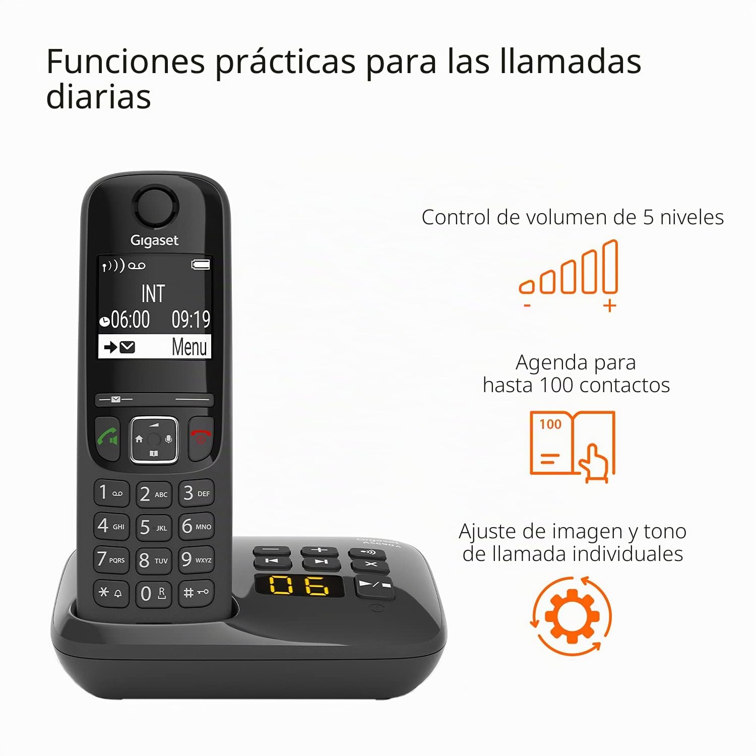 Gigaset AS690A - Teléfono DECT inalámbrico con contestador automático, Pantalla Grande de Alto Contraste, perfiles de Sonido Ajustables, función Manos Libres, protección de Llamadas, Color Negro