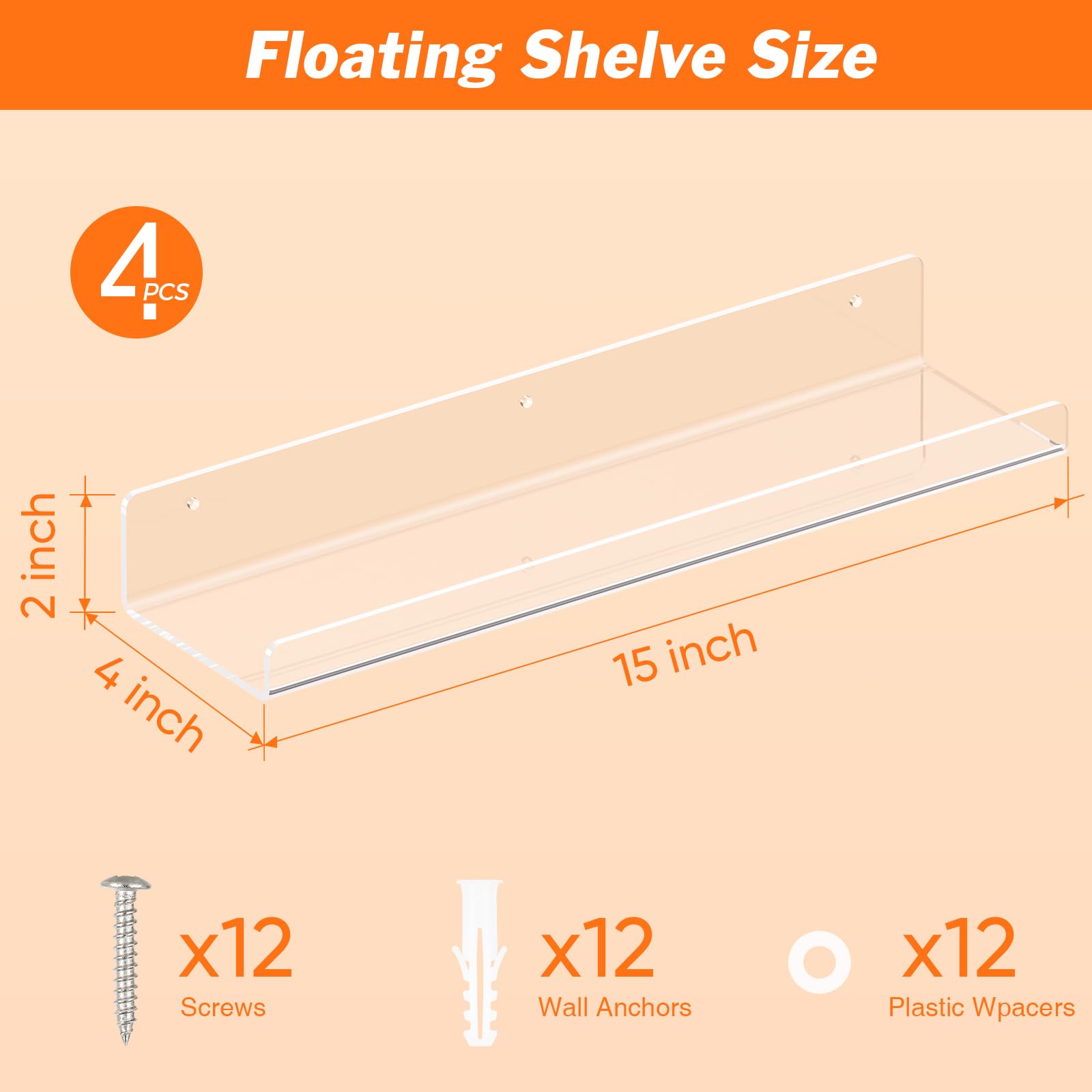 Dooiclear Floating Shelves - 4 Pack Acrylic Wall Shelf -3 Dooiclear Floating Shelves - 4 Pack Acrylic Wall Shelf -3