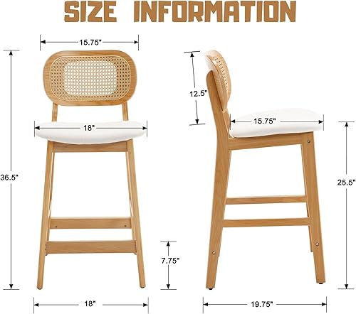 Miniatura 3 de ROCITY Juego de 2 taburetes de bar de ratán, taburetes de bar tapizados de sherpa beige de 26 pulgadas, sillas de isla de cocina de madera natural
