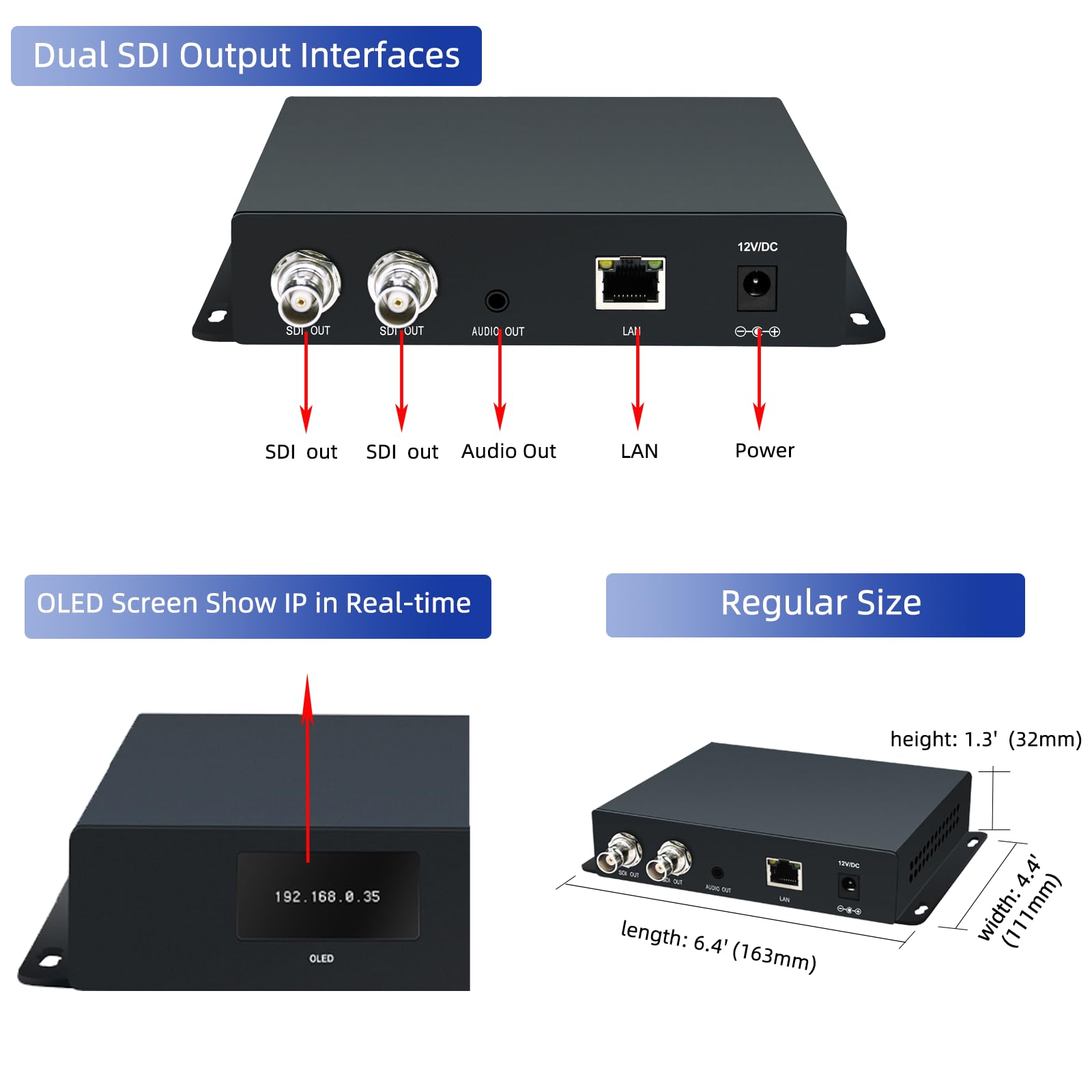 H.265 HEVC SDI Video Decoder, 1080P @ 60Hz Dual SDI Output Ports, HD 3G Hardware Video Audio Decoder, IP Streaming Decoders HTTP, HTTPS, RTSP, SRT, UDP/RTMP Server für IP-Kamera... etc