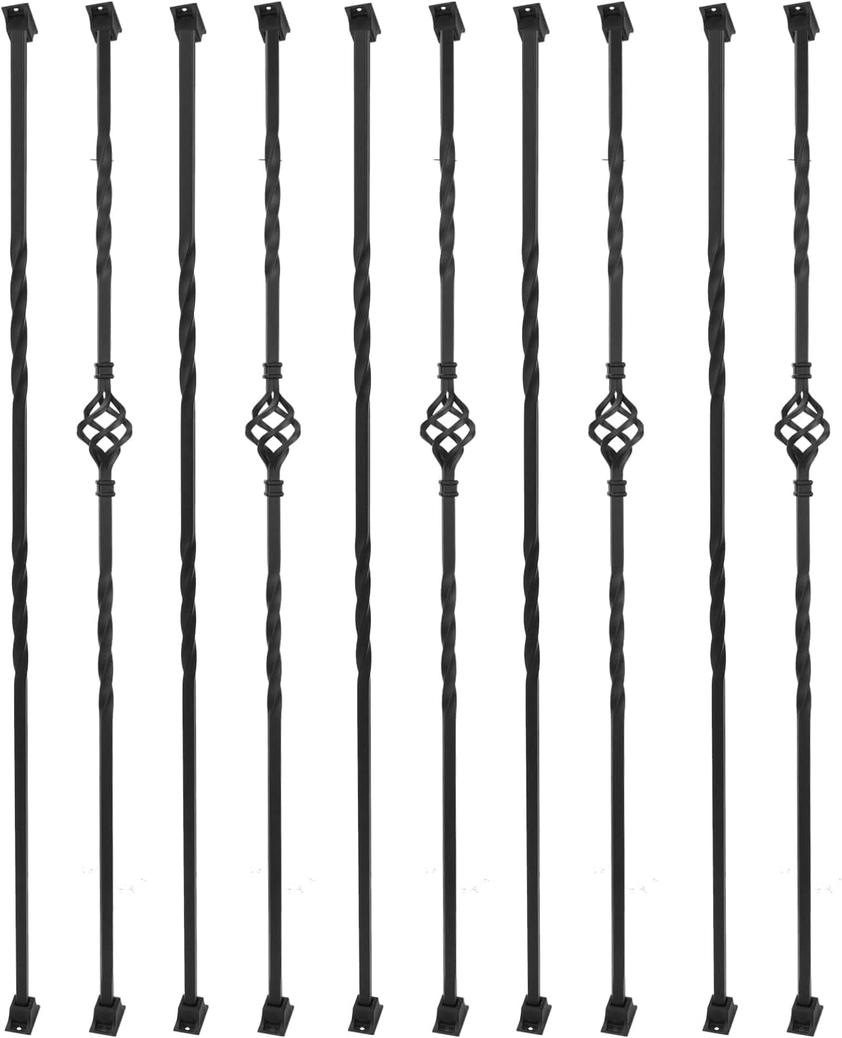 Sidasu 10 Pack Iron Balusters for Staircase Stair Spindles Hollow Single Basket with Double Twist 1/2" Square Metal Stair Balusters with 20 Baluster Swivel Shoes