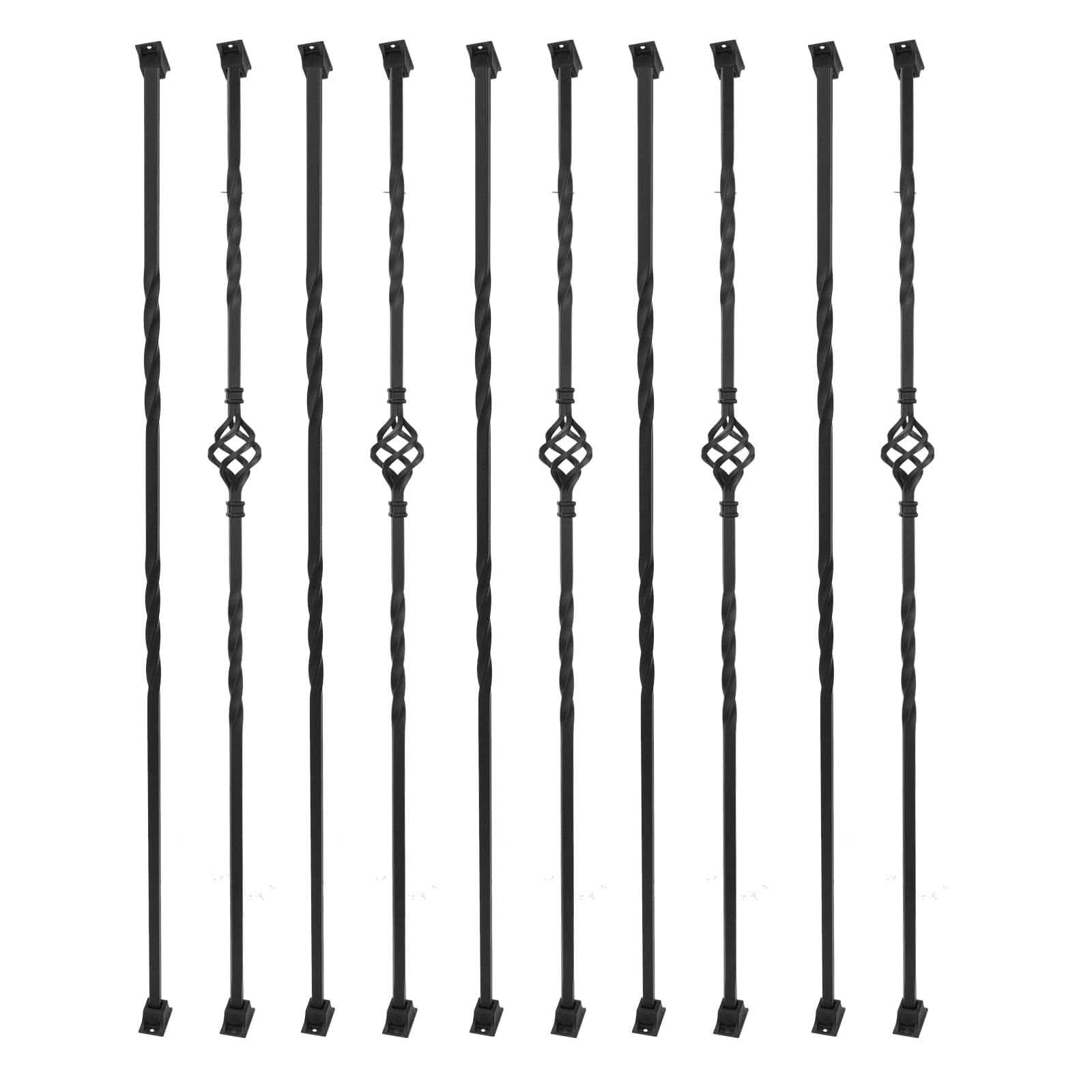 10 Pack Iron Balusters for Staircase Stair Spindles Hollow Single Basket with Double Twist 1/2" Square Metal Stair Balusters with 20 Baluster Swivel Shoes