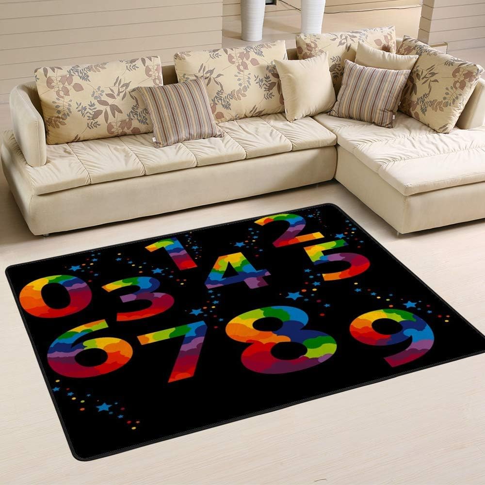 Nuansexi Area Pad Rugs Non-Slip Kids Nursery Rug ﻿Colorful Numbers Black Background Living Room Large Carpet Distressed Standing Floor Mats Absorption Bedroom Decor 6'x 4'