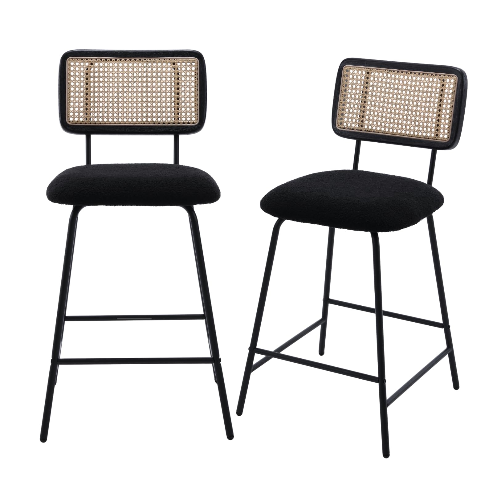 QUINJAY Bar Stools Set of 2, 26" Modern Rattan Counter Height Bar Stools with Metal Legs, Upholstered Sherpa Barstools with Cane Backrest for Kitchen