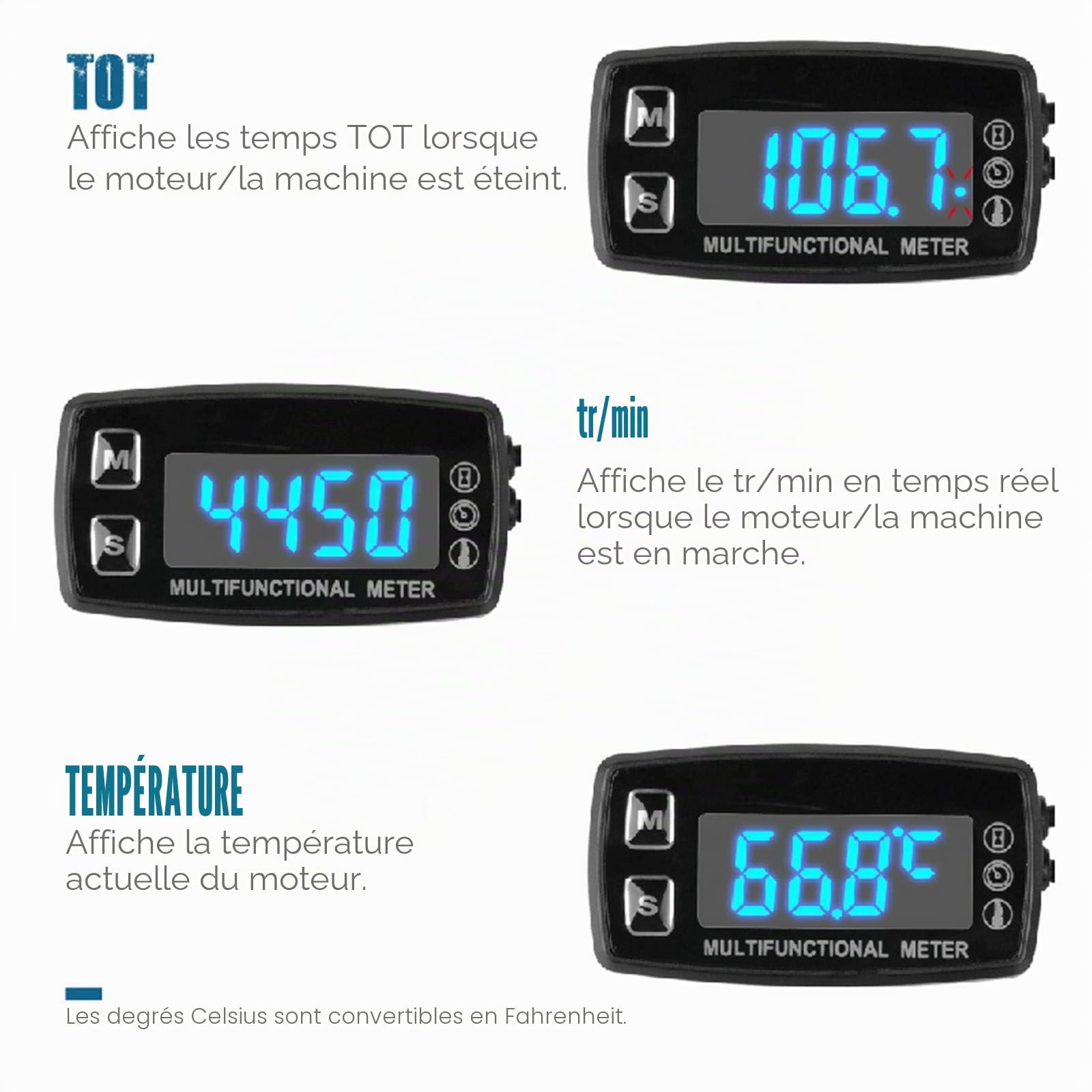 Runleader Compteur horaire LED numérique,affichage du régime et de la température,rappel de maintenance,fonctionnement à alimentation externe pour compresseur marin tondeuse-générateur