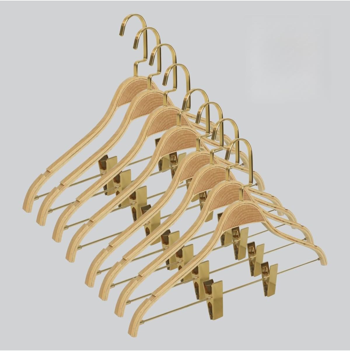 Blouse and Skirt Hangers 8-Pack Wooden with Gold Hooks Beige Color, Strong Clamps, Space Saving for Closet Organization - Beige