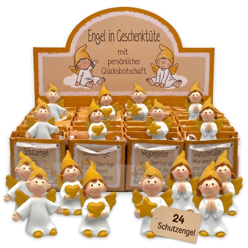 MIJOMA Set di 24 angeli custodi in bustina assortiti in 2 varianti, in display da 24 pezzi, regalo per ospiti portafortuna per matrimonio, battesimo, nascita, Natale (giallo oro/bianco)