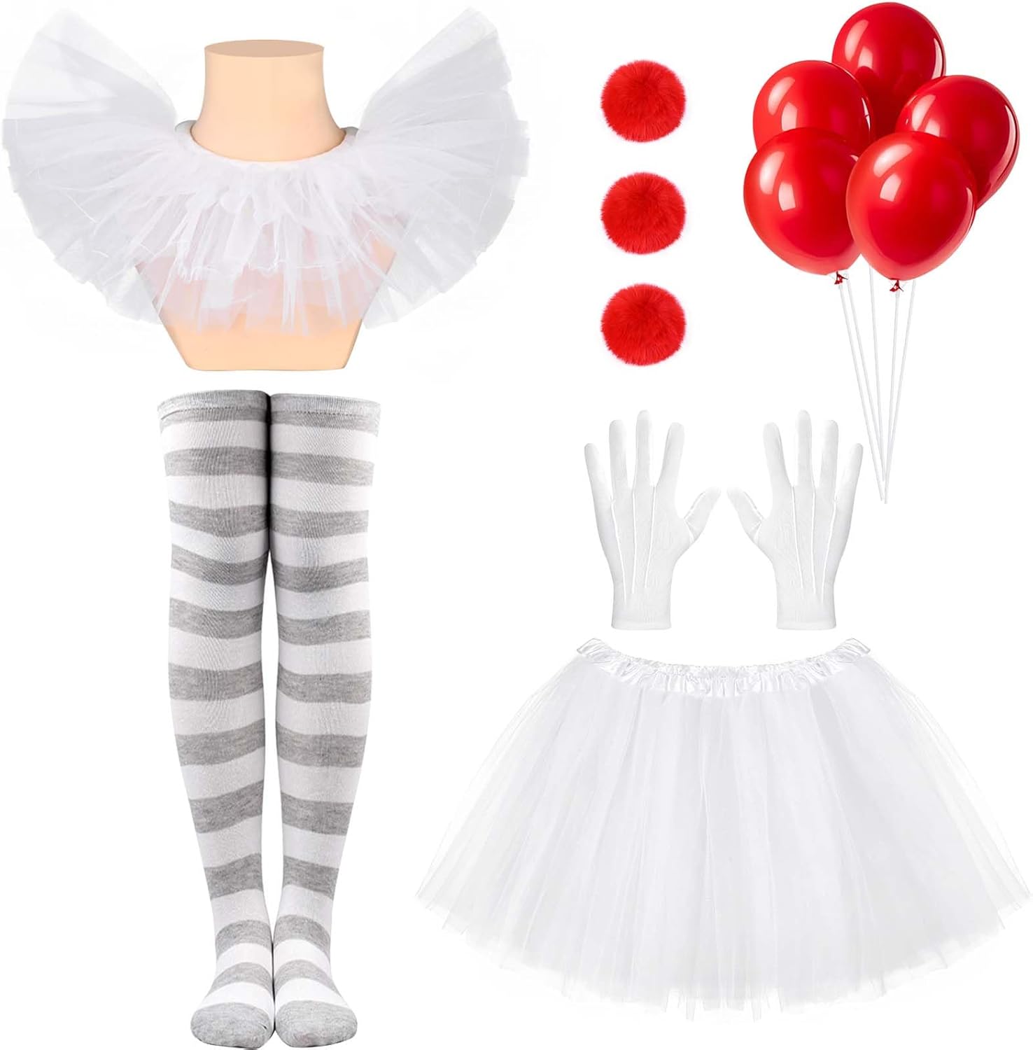 6Pcs Halloween Clown Cosplay Set for Women Including White Tutu Skirt White Gloves Collar Grey Striped Socks for Halloween Cosplay Supplies