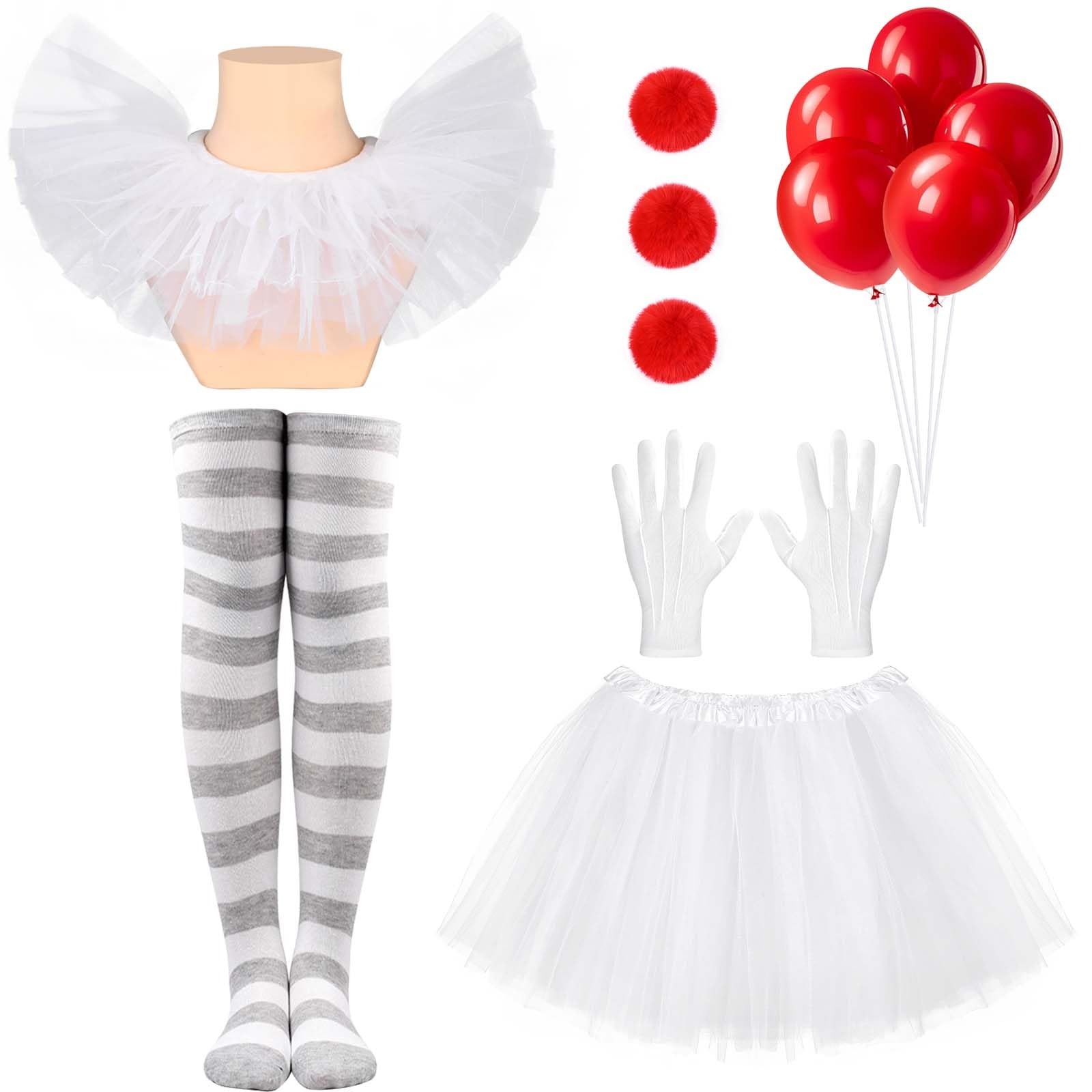 6Pcs Halloween Clown Cosplay Set for Women Including White Tutu Skirt White Gloves Collar Grey Striped Socks for Halloween Cosplay Supplies