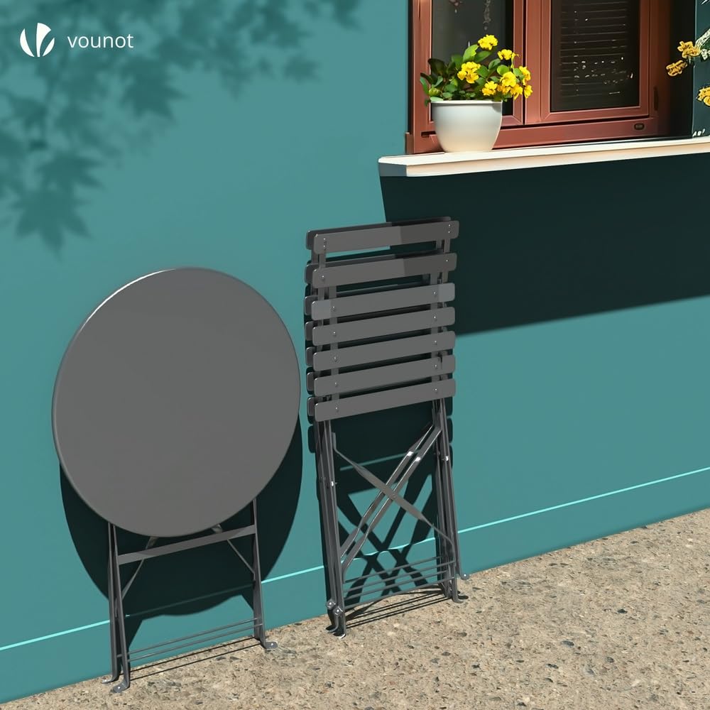 VOUNOT® Set da Giardino Pieghevole da 3 Pezzi, Tavolo Bistrot con 2 Sedie, Acciaio, Grigio