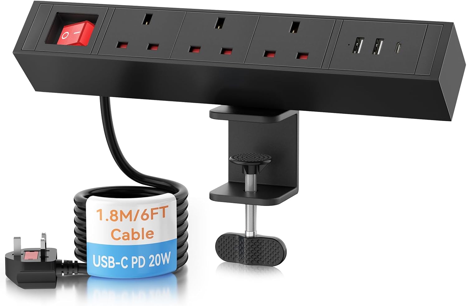 Desktop Power Strip USB C PD 20W, Ohuo Desk Extension Leads 3 Way with 3 USB Slots Table Power