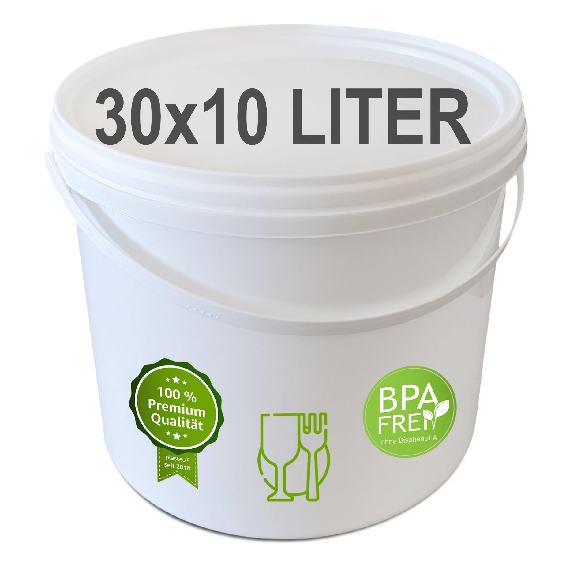 plasteo® Cubo de plástico vacío, color blanco, 5, 10, 20, 30 litros (30 unidades, 10 litros)