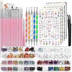 FANDAMEI Nail Art Brushes Set, Nail Art Kit, Nail Design Kit, Nail Art Dotting Pens, Nail Stickers, Butterfly Nail Art Sequins, Nail Foils, Nail Art Flakes Iridescent, Rhinestones For Nails