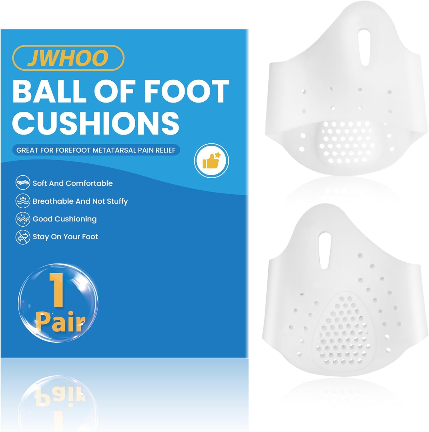 Metatarsal Pads (1 Pair), Soft & Durable Ball of Foot Cushions for Men & Women, Gel Toe Separator Spacers, Idea Foot Pads for Mortons Neuroma, Blisters, Callus, Metatarsal Pain Relief - White