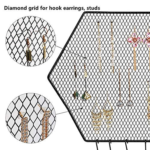 Jazuiha Hanging Earring Holder Wall Mount Earring Rack Grid Shape Display Folding Hexagon Earring Organizer With Hooks For Stud Earrings, Necklaces, Bracelets (Black-Hexagon) #TOP4