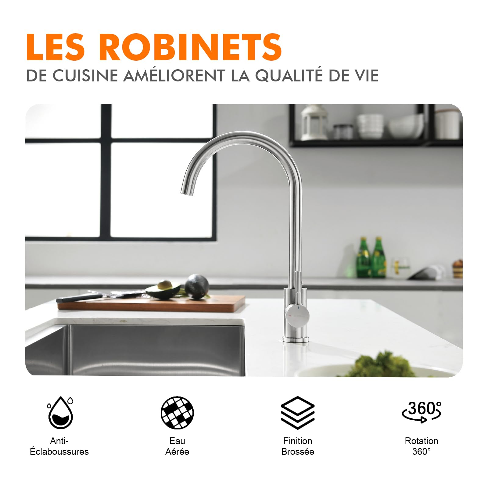 GRIFEMA G4008 Robinet de Cuisine Mitigeur Évier à Poignée Unique, Arc Élevé 360, Acier Inoxydable