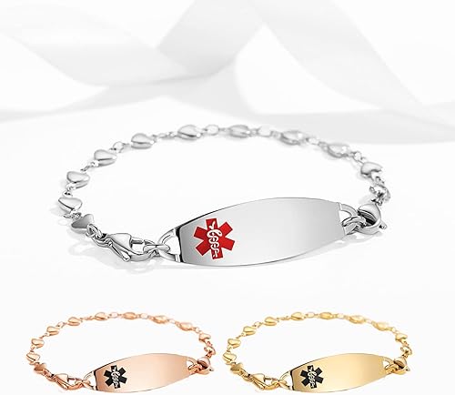Miniatura 3 de LinnaLove Pulsera de alerta médica de corazón para mujer, joyería de identificación médica de moda, 6.5-8 pulgadas, ajustable, Metal
